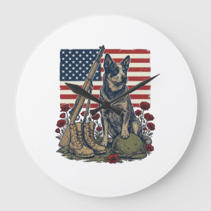 Blaue Heeler-Patriotisches Gedenk-Vintage-Stich S Große Wanduhr