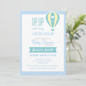 Blaue Heißluft-Ballon-Babyparty-Einladung Einladung (Stehend Vorderseite)