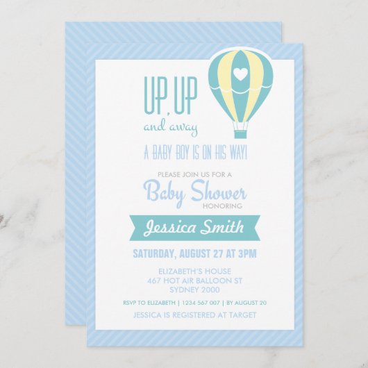 Blaue Heißluft-Ballon-Babyparty-Einladung Einladung (Vorne/Hinten)