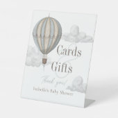 Blaue Heißluftballon-Baby-Shower-Karten und Gesche Sockelschild (Vorderseite)