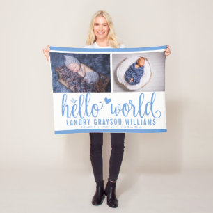 Blaue Hello World Monogramm-Baby-Statistik Fleecedecke