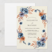 Blaue herbstliche Hochzeitsblüte Einladung (Vorne/Hinten)
