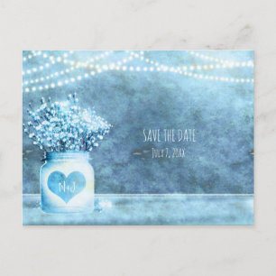 Blaue-Herz-Mason-Glas-&-Baby's-Breath-Save-the-Dat Ankündigungspostkarte