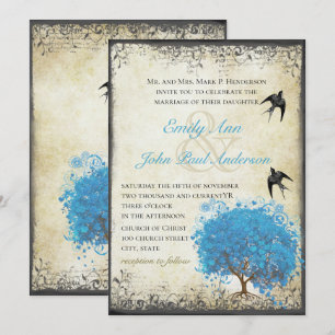 Blaue Herzblattbaum-Vintage-Vogel-Perl-Pergament Einladung