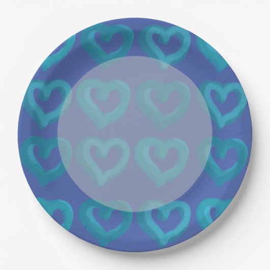 Blaue Herzen auf allen Tellern mit Hintergrundfarb Pappteller (Vorderseite)