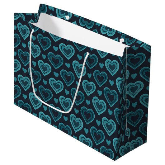 Blaue Herzen Große Geschenktüte (Vorderseite Schrägansicht)