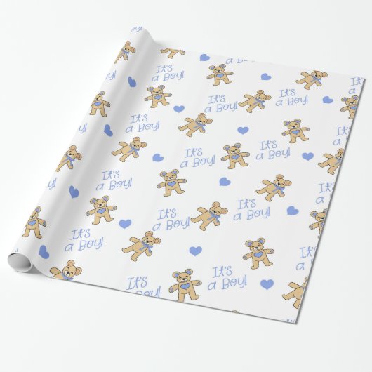 Blaue Herzen mit Teddy Bears Geschenkpapier (Ungerollt)