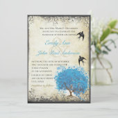 Blaue Herzleder Tree Vintage Vogelperspektive Einladung (Stehend Vorderseite)