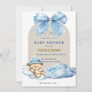 Blaue Himmel & Teddy Umarmungen Baby Shower Einlad Einladung