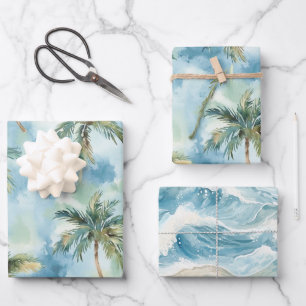 Blaue Himmel Tropische Insel Palmen Geburtstag Geschenkpapier Set