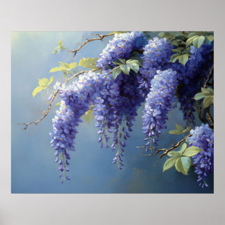 Blaue Hintergrund mit Wisteria-Blüten Poster