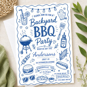 Blaue Hinterhof-Grillparty im Sommer, handgezeichn Einladung