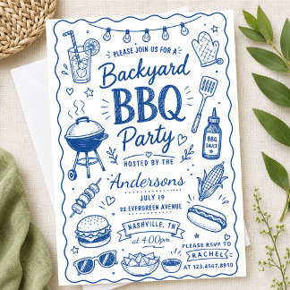Blaue Hinterhof-Grillparty im Sommer, handgezeichn Einladung