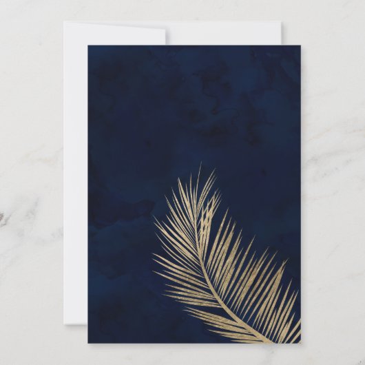 Blaue Hochzeit am tropischen Palmenstrand Einladung (Rückseite)