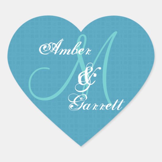 Blaue Hochzeit Damast Monogramm Beliebige Initiale Herz-Aufkleber (Vorderseite)