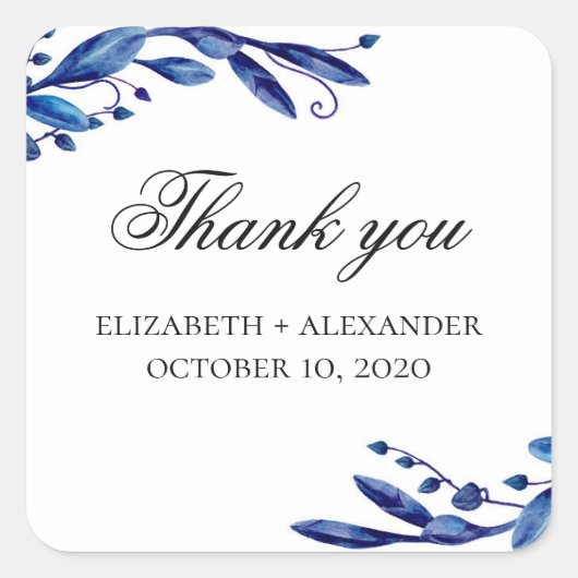 Blaue Hochzeit danke. Wasserfarbe Quadratischer Aufkleber (Vorderseite)