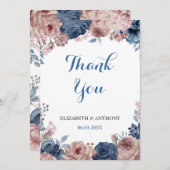 Blaue Hochzeit der Navy Rose Mauve Watercolor Dankeskarte (Vorne/Hinten)
