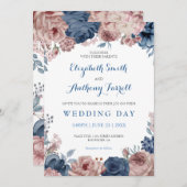 Blaue Hochzeit der Navy Rose Mauve Watercolor Einladung (Vorne/Hinten)