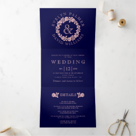Blaue Hochzeit der Rose Vintag Dreifach Gefaltete Einladung