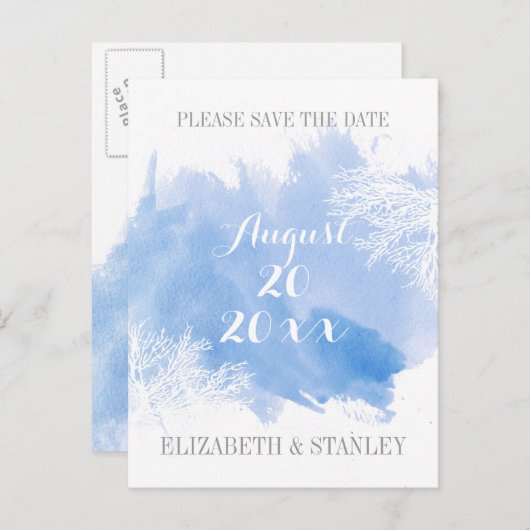 Blaue Hochzeit des Korallenriffs Wasserfarbe Datum Ankündigungspostkarte (Vorne/Hinten)