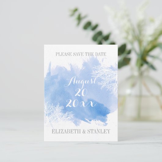 Blaue Hochzeit des Korallenriffs Wasserfarbe Datum Ankündigungspostkarte (Stehend Vorderseite)