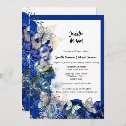 Blaue Hochzeit des Strandschmetterlings Einladung (Vorne/Hinten)