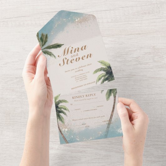 Blaue Hochzeit des tropischen Strandes All In One Einladung (Abreißen)