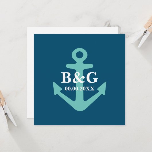 Blaue Hochzeit des Wasseranker-Logos Einladung (Vorderseite/Rückseite Beispiel)