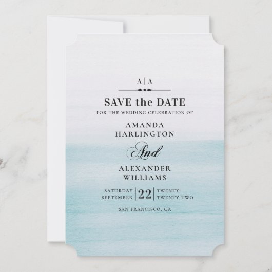 Blaue Hochzeit in Aquarellen. Einfache Eleganz Save The Date (Vorderseite)