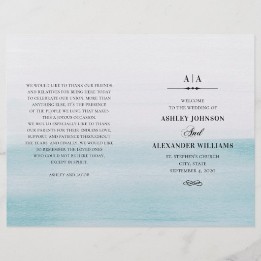 Blaue Hochzeit in Aquarellen. Elegantes Programm g (Vorderseite)