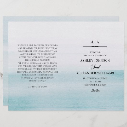 Blaue Hochzeit in Aquarellen. Elegantes Programm g (Vorne/Hinten)