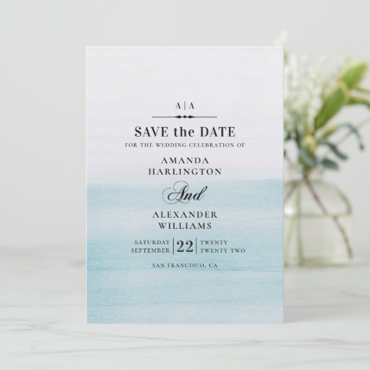 Blaue Hochzeit in Aquarellen. Klassisch elegant na Save The Date (Stehend Vorderseite)