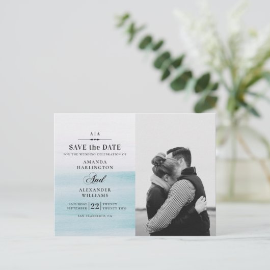 Blaue Hochzeit in Aquarellen. Nautic Save the Date Postkarte (Stehend Vorderseite)
