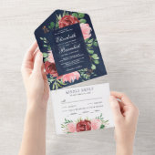 Blaue Hochzeit in Burgund und Rosa All In One Einladung (Abreißen)