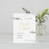 Blaue Hochzeit in Urlaubsort Folie Einladungspostkarte (Stehend vorne)