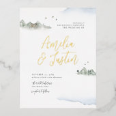 Blaue Hochzeit in Urlaubsort Folie Einladungspostkarte (Vorderseite)