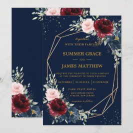 Blaue Hochzeit mit blauem Tief-Rotes Burgund-Blush Einladung