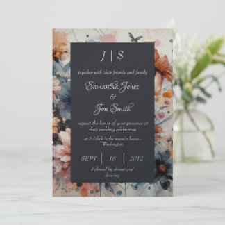 Blaue Hochzeit mit Blumen Einladung