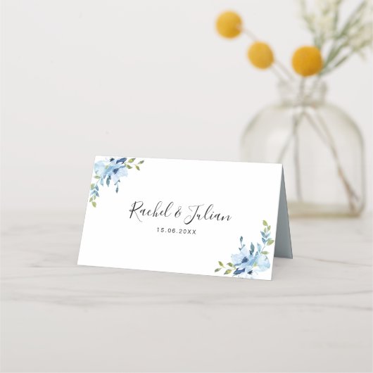 Blaue Hochzeit mit Blumen Platzkarte (Rückseite)