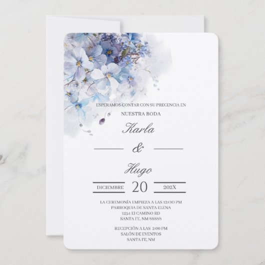 Blaue Hochzeit mit Blumenwasser Einladung (Vorderseite)