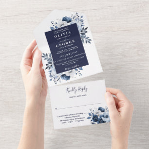Blaue Hochzeit mit botanischem Flair All In One Einladung