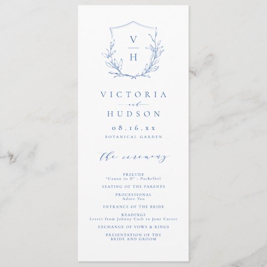 Blaue Hochzeit mit botanischem Wappen Programm (Vorderseite)