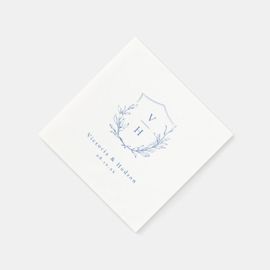 Blaue Hochzeit mit botanischem Wappen Serviette (Ecke)