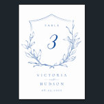 Blaue Hochzeit mit botanischem Wappen Tischnummer<br><div class="desc">Elegante rustikale Hand illustrierte botanische Blätter Wappen mit modernen trendigen Drehbuch und klassischen Schriftart in blau und weiß,  einfach und raffiniert. Große Tischkarten für moderne klassische Hochzeit,  einfache formelle Hochzeit,  elegante botanische Gartenhochzeit. Alle passenden Teile in der Sammlung anzeigen</div>