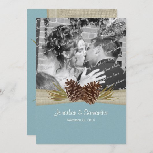 Blaue Hochzeit mit Foto von Pinien Einladung (Vorne/Hinten)