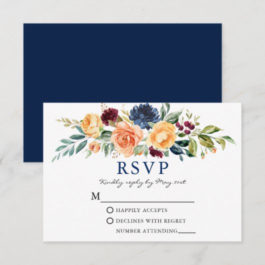 Blaue Hochzeit mit gemischten Blumen RSVP Karte (Vorne/Hinten)