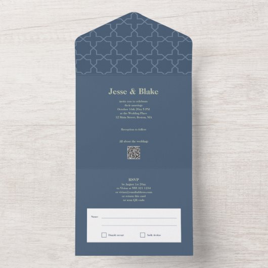 Blaue Hochzeit mit Latticework Pattern All In One Einladung (Innen Boden)