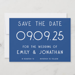 Blaue Hochzeit mit moderner weißer Typografie Save The Date