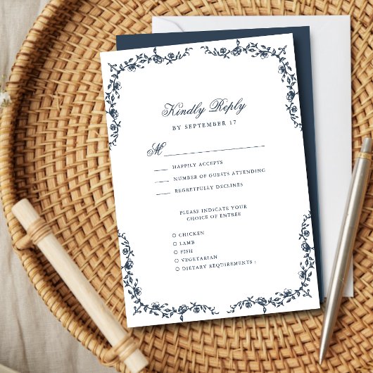 Blaue Hochzeit mit Vintager Blüte RSVP Karte