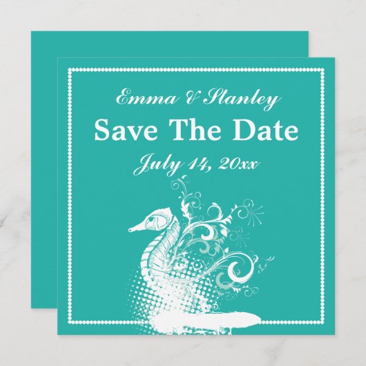 Blaue Hochzeit mit weißem Seepferd Save The Date (Vorne/Hinten)